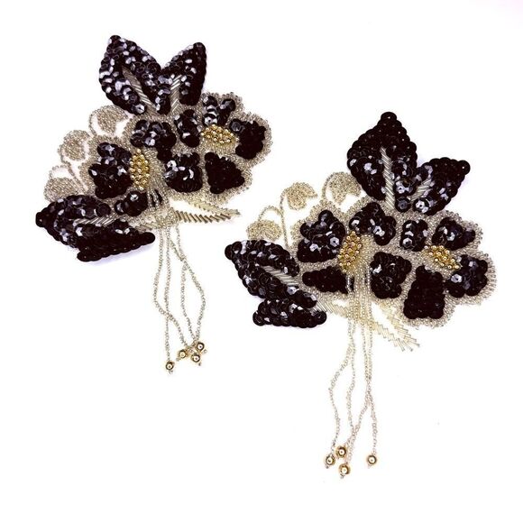 Black & Silver Beaded Sequin Floral Appliqué Patch with Dangles – 6.5” - Picture 7 of 10
